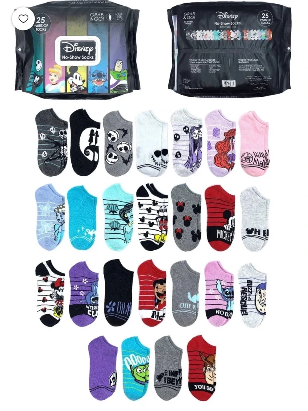 BRAND NEW  DISNEY No-Show Socks - Assorted Colors (25 Pairs)
